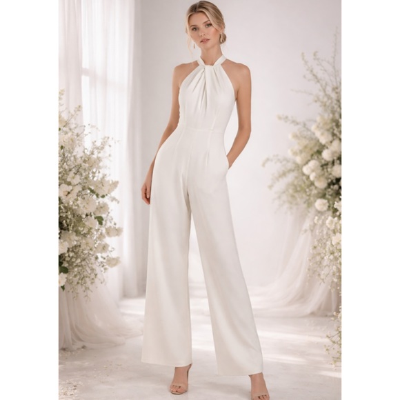 julia jordan Pants - JULIA JORDAN Ivory Knot Neck Halter Wide Leg Jumpsuit Elegant Formal Size 8 NWT